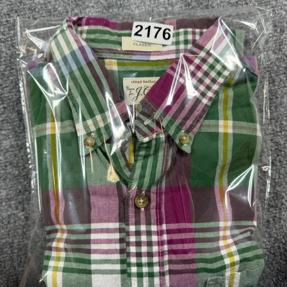 J. Crew Indian Madras Shirt Mens Medium Green Plaid Classic Fit Button Down